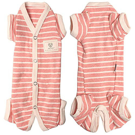 Picture of TONY HOBY Female/Male Pet Dog Pajamas Stripes 4 Legged Dog pjs Jumpsuit Soft Cotton Dog Clothes (S, Pink+White-Girls)