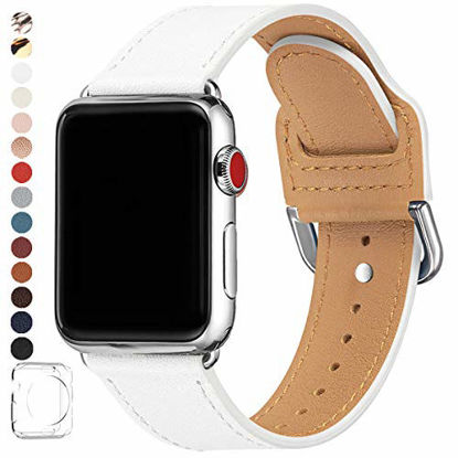 Picture of POWER PRIMACY Bands Compatible with Apple Watch Band 38mm 40mm 42mm 44mm, Top Grain Leather Smart Watch Strap Compatible for Men Women iWatch Series 6 5 4 3 2 1,SE(White/Silver, 42mm/44mm)