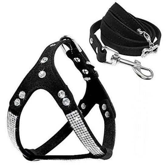 Picture of Beirui Soft Cat Harness -Rhinestone Leather Dog Harness Leash Set Cat Puppy Sparkly Crystal Vest & 4 ft Lead for Small Medium Cats Pets Chihuahua Poodle Shih Tzu,Black,Small Chest for 14-15.5"