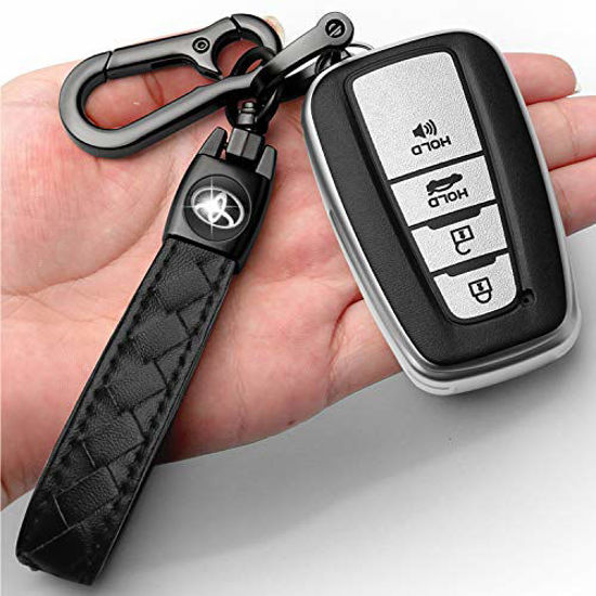 Picture of Sindeda for Toyota Key fob Cover with Leather Keychain,Soft TPU Full Cover Protection,Key fob case Compatible With RAV4 Camry Avalon Corolla Highlander C-HR Prius Smart Remote,Key Fob Shell-Silver