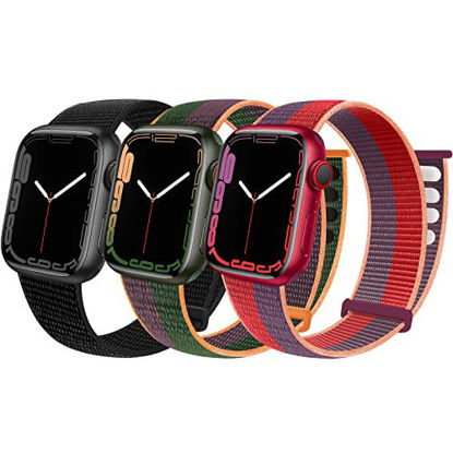 Picture of Geoumy 3 Pack Sport Velcro Nylon Bands Compatible with Apple Watch 44mm 40mm 41mm 42mm 38mm 45mm, Stretchy Loop Woven Braided Soft Women Men Strap Compatible for iWatch Series 7 6 5 4 3 2 1 SE