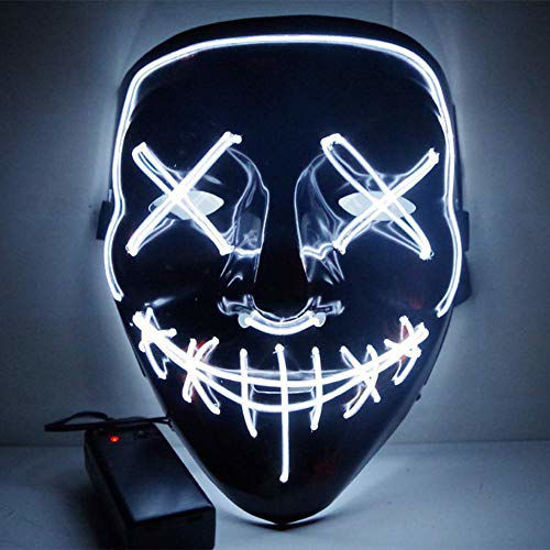 Picture of Flywind Halloween Led Masks Skeleton Gloves Set, El Wire Light Up Mask for Halloween Festival Party, Halloween Scary Mask Cosplay Led Costume Light Up Mask for Halloween Cosplay Costume, White