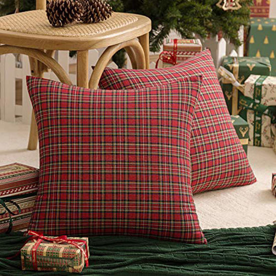 Picture of AQOTHES 2 Pack Christmas Plaid Decorative Throw Pillow Covers Scottish Tartan Cushion Case for Farmhouse Home Holiday Decor Red and Green, 20 x 20 Inches