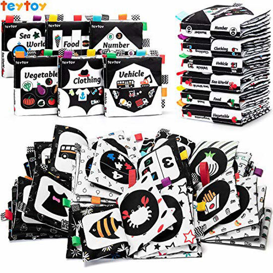 Picture of teytoy Baby Soft Cloth Book Set 6 PCS, Black and White High Contrast Baby Activity Crinkle Books for 0 3 6 9 12 Months Newborn Infants Babies Boys and Girls Early Educational Learning Toys