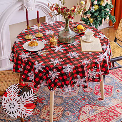 Picture of Smiry Flannel Backed Vinyl Tablecloth, Waterproof Rectangle Table Cloth, Wipeable Christmas Table Cover for Indoor and Outdoor, 60" Round, Bufflo Checked Snowflake