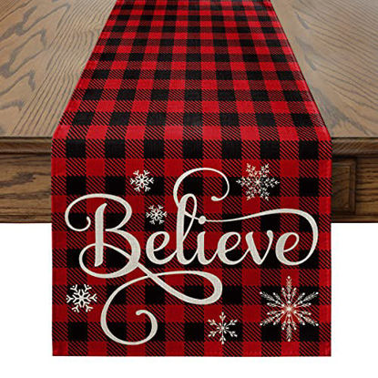 Picture of Artoid Mode Red and Black Buffalo Plaid Believe Table Runner, Seasonal Winter Christmas Holiday Kitchen Dining Table Decoration for Indoor Outdoor Home Party Decor 13 x 90 Inch