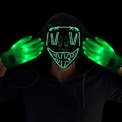 Picture of HobbyLane Halloween Purge Mask Light Up Mask and LED Gloves, Led EL Wire Horror Mask Creepy Cosplay Costume for Halloween Festival Masquerade Party - Green