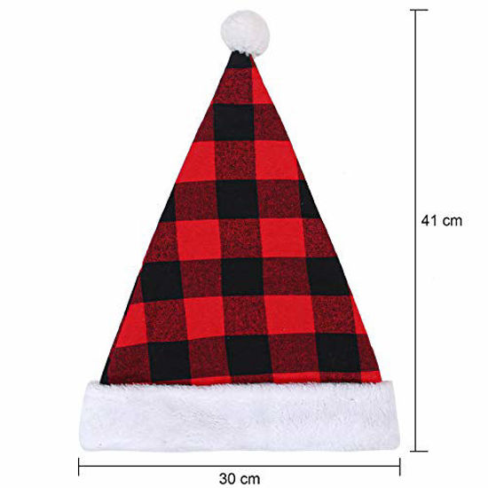 Picture of URATOT 6 Pack Christmas Santa Hat Plaid Santa Hat Luxury Plush Hat for Christmas Costume Party and Holiday Event