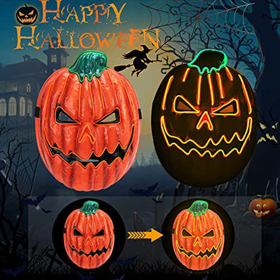 Picture of Halloween Pumpkin Light Up Mask EL Wire Scary Mask for Halloween Festival Party, Costume Cosplay Party Decoration (Orange+Green)