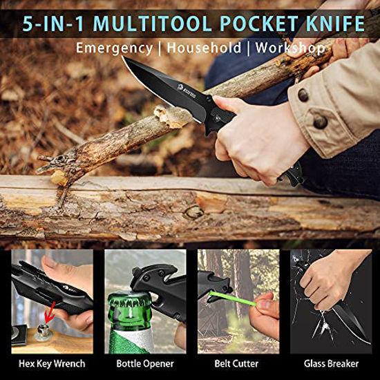 Picture of NedFoss Pocket Knife for Men, 5-in-1 Multitool Folding Knife with Bottle Opener, Glass Breaker, Seatbelt Cutter and Wrench, Survival Knife for Emergency Rescue Situations, Home Improvements