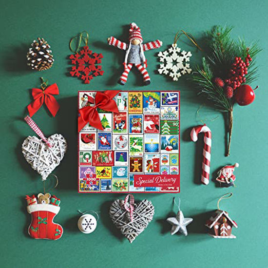 Picture of Re-Marks Special Delivery Christmas Stamps Puzzle, Holiday Postage Stamps 1000 Piece Jigsaw Puzzle for All Ages