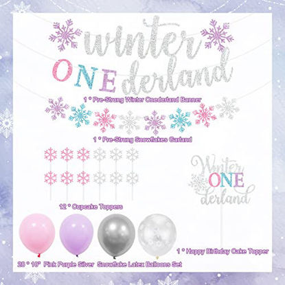 Picture of Winter Onederland 1st Birthday Party Decorations, Glitter Pink Purple Silver Winter Onederland Banner, Cake Topper, Snowflake Balloons Garland for Winter Wonderland Girls First Birthday Party Supplies