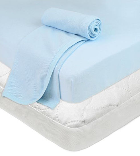 Picture of American Baby Company Playard Bundle Mattress Pad Cover, Fitted Sheet, Muslin Swaddle Blanket, blue, Boys and Girls