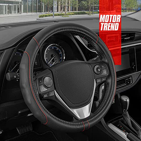 Picture of Motor Trend GripDrive Faux Leather Steering Wheel Cover for Cars Trucks Vans SUVs (Black / Red Accent Stitching) (Small Size 13.5 - 14.5 Inch)