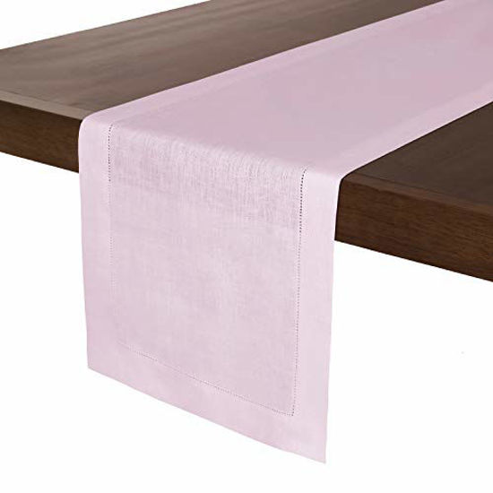 Picture of D'Moksha Homes 100% Pure Linen Hemstitch Table Runner - 14 x 36 Inch Pretty Pastel Pink, Natural Fabric European Flax, Machine Washable, Handcrafted Dresser Scarf, Mitered Corners, Great Gift Choice