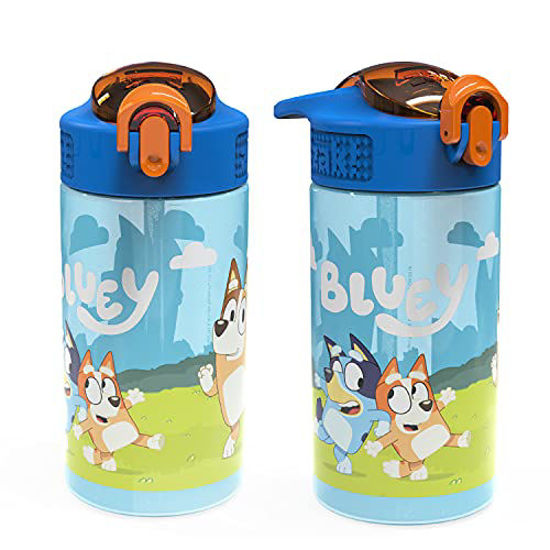 Picture of Zak Designs Kids Durable Plastic Spout Cover and Built-in Carrying Loop, Leak-Proof Water Design for Travel, (16oz, 2pc Set), Bluey Bottle 2pk