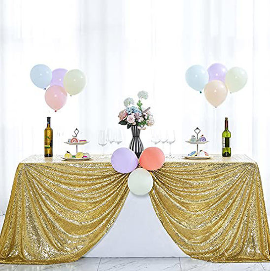 Picture of Hahuho 50x80 inch Rectangular Sequin Tablecloth Gold, Glitter Tablecloth for Bridal Shower Decorations, Birthday, Wedding, Dessert, Banquet50x80 Inch, Gold