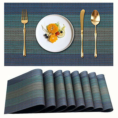 Picture of Candumy Blue Placemats Set of 8 for Dining Table Washable High Temperature Resistant Non-Skid,Crossweave Woven Textilene Vinyl PVC Placemats for Kitchen