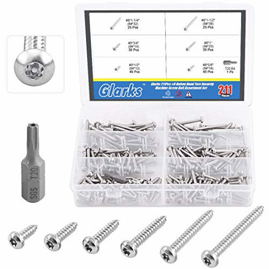 Picture of Glarks 211Pcs #8 x 1/2'' / 5/8'' / 3/4'' / 1" / 1-1/4'' / 1-1/2'' Button Head Torx Security Sheet Metal Screws Assortment Set, 6 Size Stainless Steel Tamper Resistant Screws with T20 Bit