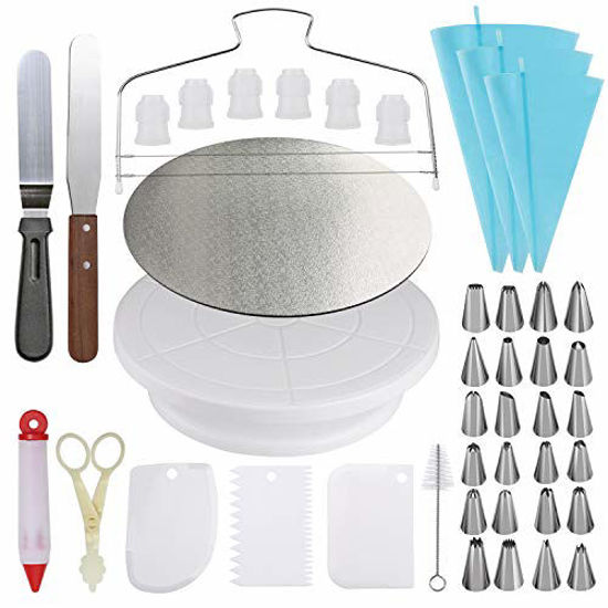 Picture of Cake Decorating kit - Cake Turntable and 10 inch Cake Board,2 Icing Spatula 3 Cake Scrapers,Cake Brush,Cake Flower Lifter,Cake Pen,3 Pastry Bags 24 Stainless Icing Tip 6 Piping Tip Couplers