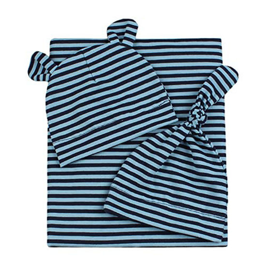 Picture of Striped Baby Swaddle Blanket Hat Set Cotton Newborn Swaddles Unisex Large 43 ×43 with Newborn Baby Hospital Hats(Dark Blue Striped)