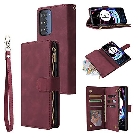 Picture of LBYZCASE Phone Case for Motorola Edge|2021|,Motorola Edge(2021) Wallet Case,Luxury Folio Flip Leather Cover[Zipper Pocket][Wrist Strap][Kickstand] for Motorola Edge 2021 (Wine Red)