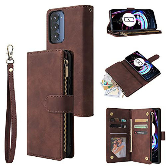 Picture of LBYZCASE Phone Case for Motorola Edge|2021|,Motorola Edge(2021) Wallet Case,Luxury Folio Flip Leather Cover[Zipper Pocket][Wrist Strap][Kickstand] for Motorola Edge 2021 (Coffee)