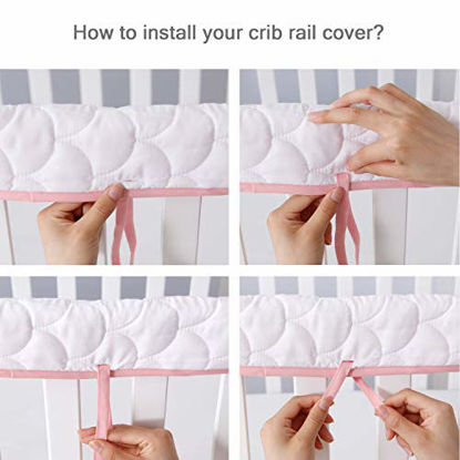 Picture of Crib Rail Cover Protector Safe Teething Guard Wrap for Standard Crib Rails, 3 - Piece, Fit Side and Front Rails, Pink/White, Reversible, Safe and Secure Crib Rail Cover.