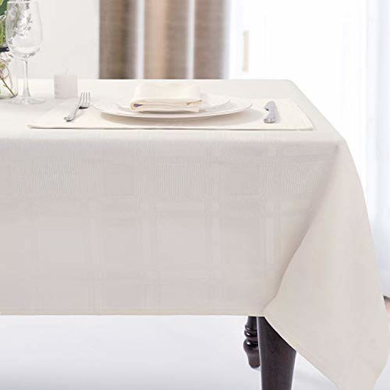 Picture of JUCFHY Soild Plaid Jacquard Table Cloth Elegance Wrinkle Resistant Contemporary Woven Decorative Tablecloth, Spillproof Soil Resistant Holiday Tablecloth, 60 X 84, Egg Shell