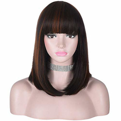 Picture of 15 Inch Short Straight Brown Highlights Bob Wig with Bangs | Natural Heat Resistant Synthetic Hair for Women Daily Wear