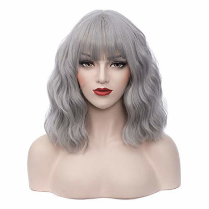 Picture of BUFASHION 14" Women Short Wavy Curly Wig Gray Bob Wig Cosplay Halloween Synthetic Wigs Wigs With Neat Bang Wig With Free Wig Cap (Gray 1)