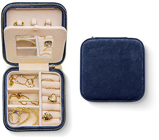 Picture of Plush Velvet Travel Jewelry Box Organizer | Travel Jewelry Organizer Box, Travel Jewelry Case | Small Jewelry Box for Women, Jewelry Travel Case | Earring Organizer with Mirror - Navy Blue