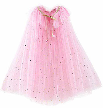 Picture of FKKFYY Little Girl Cape Cloak Dresses Coat Matching Princess Wedding Birthday Party Halloween Star Sequins Summer Cape Cloaks Costumes for Girls Kids Dress Up Size 2 3 4 Years Veil Yarn (Pink, S)