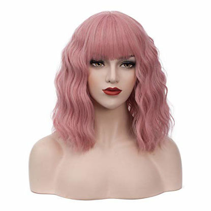 Picture of BUFASHION 14" Women Short Wavy Curly Wig Light Pink Bob Wig Cosplay Halloween Synthetic Wigs Wigs With Neat Bang Wig With Free Wig Cap (Light Pink 1)