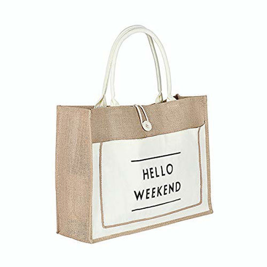 Picture of JOLLQUE Large Jute Reusable Grocery Bag,Beach Tote,Shopping Bag with Handle. (Large, Beige)