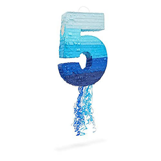 Picture of Number 5 Pull String Pinata for Boys 5th Birthday Party, Ombre Blue (16.5 x 11.6 In)