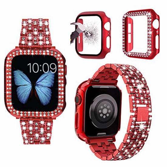 Picture of 3-Pack JOHIPI Compatible with Apple Watch Band 38mm 40mm 42mm 44mm + Case, Women Jewelry Bling Diamond Metal Strap with Diamond Case and Glass Screen Protector Case for iWatch Series SE 6 5 4 3 2 1