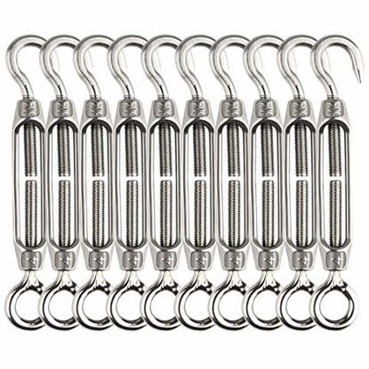 Picture of Turnbuckles Hook, Lsquirrel 304 Stainless Steel Turnbuckle Heavy Duty Wire Rope Tension Cable Railing Kit for Sun Shade Tent Installation(M4, 10Pcs)