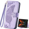 Picture of Samsung Galaxy Z Fold 3 Case,PU Leather Wallet Case Cover Flip Protective Phone Case with Wrist Strap Card Slots Holder Pocket Emboss Butterfly Flower Stand Case for Samsung Galaxy Z Fold 3 Lavender