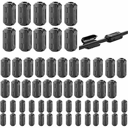 Picture of Tamicy 60 Pieces Clip-on Ferrite Ring Core RFI EMI Noise Suppressor Cable Clip for 3mm/ 5mm/ 7mm/ 9mm/ 13mm Diameter/Video Cable Power Cord (Black)