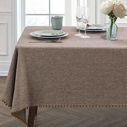 Picture of JUCFHY Pompom Tassel Rectangle Table Cloth,Linen Rustic Tablecloth Heavy Duty Fabric,Stain-Proof Water Resistant Washable Table Cloths,Oblong Table Cover for Kitchen,Holiday(60x84 Inch,Brown)