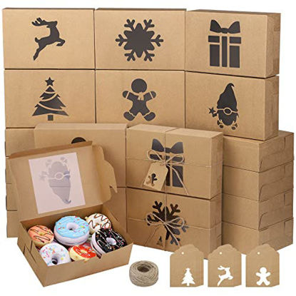 Picture of Fovths 24 Pack Christmas Cookie Boxes Brown Cupcake Gift Boxes with Window for Gift Giving 8.75 x 5.75 x 2.75 Inch Xmas Bakery Pie Boxes Holiday Candy Box with Tags for Pastries, Cakes, Donuts