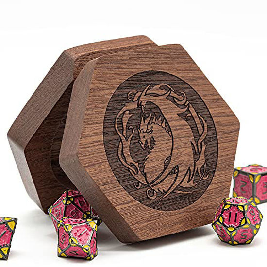 Picture of Wooden DND Dice Set Box with Magnetic Lid for Storage 7-Die Polygonal D&D Dice-Walnut Dice Set Case (Hexagonal - Dragon Pattern)