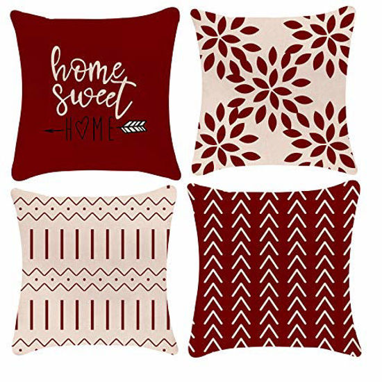 Picture of YCOLL Christmas Pillow Covers 18x18 Modern Sofa Throw Pillow Cover, Decorative Outdoor Linen Fabric Pillow Case for Couch Bed Car (Red, 18x18,Set of 4)