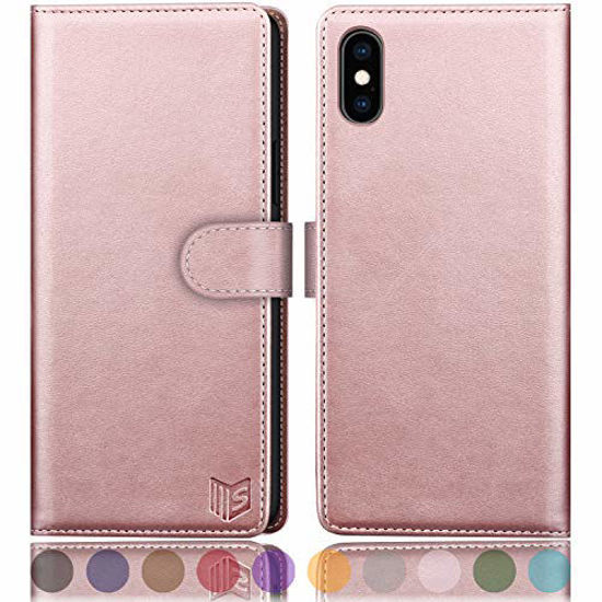 Picture of SUANPOT for iPhone X/XS 5.8"(Non XS Max 6.5") with RFID Blocking Leather Wallet case Credit Card Holder, Flip Folio Book Phone case Shockproof Cover for Women Men for Apple X/Xs case Wallet Rose God