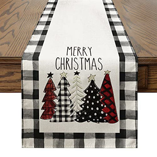 Picture of Artoid Mode Waterclor Buffalo Plaid Christmas Trees Merry Xmas Table Runner, Seasonal Winter Holiday Kitchen Dining Table Decoration for Indoor Outdoor Home Party Decor 13 x 90 Inch