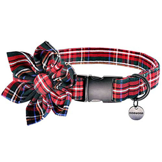 Picture of DOGWONG Christmas Dog Collar with Bow Tie Flower Pet Dog Collar, Christmas Red Plaid Adjustable and Comfortalbe Girl Dog Collar for Large Small Medium Dog