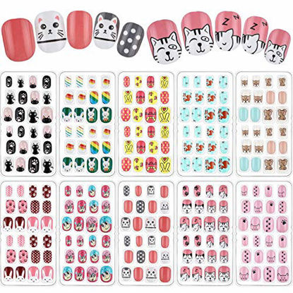 Picture of 240 Pieces Children False Nails Kids Girls Press on Short Artificial Fake Nails Cute Pre Glue Full Cover Acrylic Nail Tip Kit for Children Little Girls Nail Decoration, 10 Boxes (Colorful Animals)