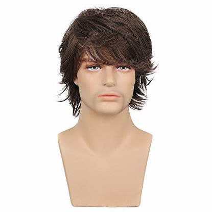 Picture of Short Brown Wig for Mens Layered Natural Fluffy Synthetic Hair Wig Heat Resistant Halloween Cosplay with Wig Cap