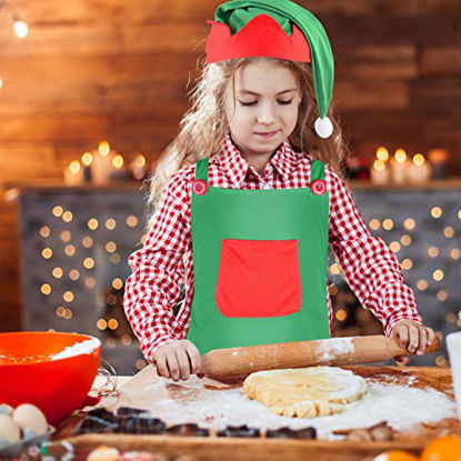 Picture of Sunshane 4 Pieces Christmas Elf Kits Include Elf Aprons and Elf Hats for Christmas Party Costume Supplies (Red and Green)